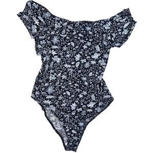 Lush Floral Off Shoulder Ruffle Bodysuit‎ XL Blueberry Cream T13052B-047 Navy